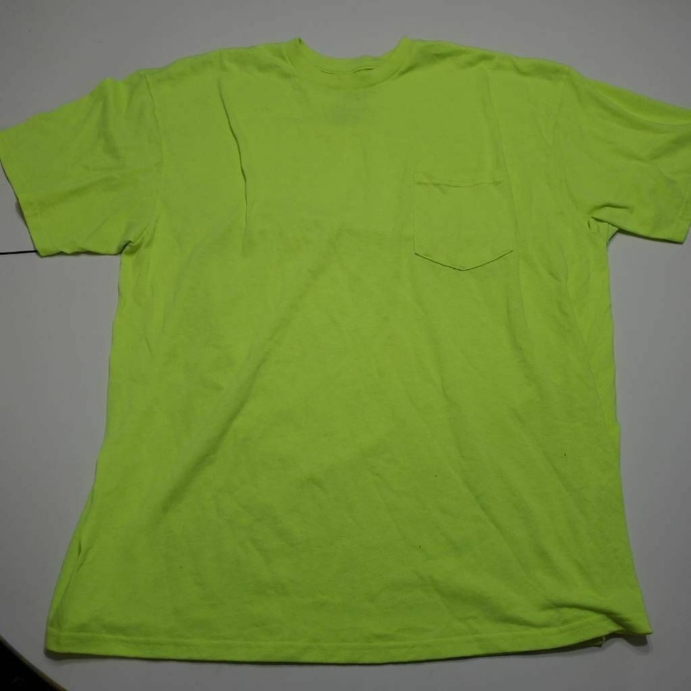 Mens Basic T-Shirt Lime Green Pocket Crew Neck Cotton Blend Casual Tee L